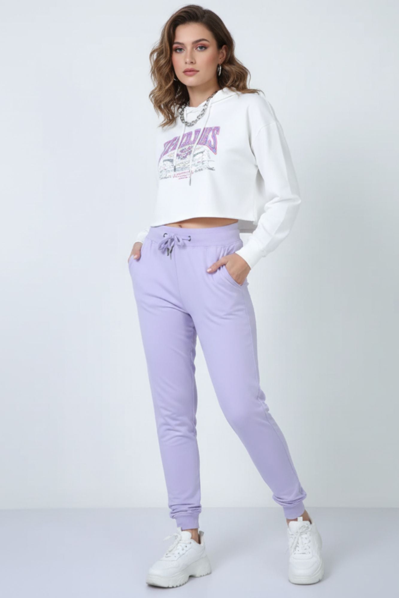 Mebrand Active Bloom women’s joggers in lavender – front view on full model