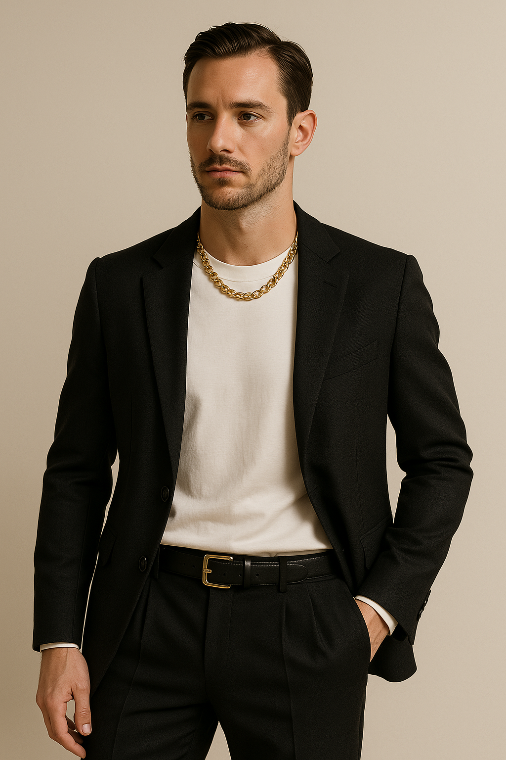 Dynamic shot of young man adjusting his Mebrand T-shirt with a confident posture, representing the power of self-expression through fashion