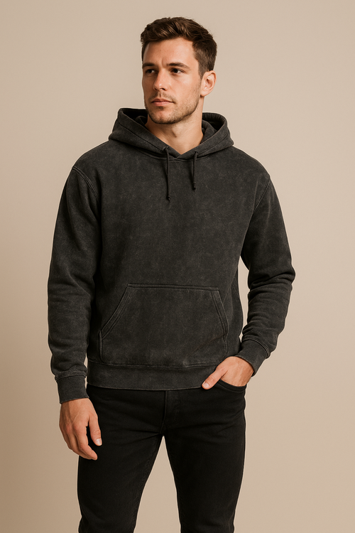 Acid washed black oversized hoodie made from 300 GSM super combed 100% cotton with derby ribbed hem and cuffs.