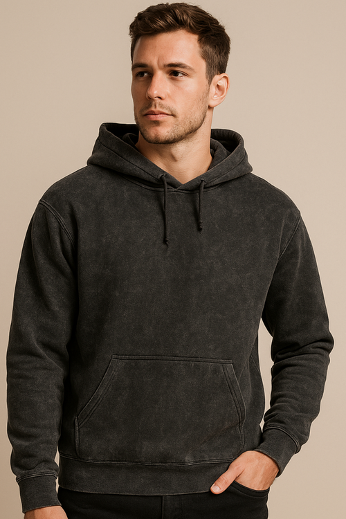 Acid washed black oversized hoodie made from 300 GSM super combed 100% cotton with derby ribbed hem and cuffs.