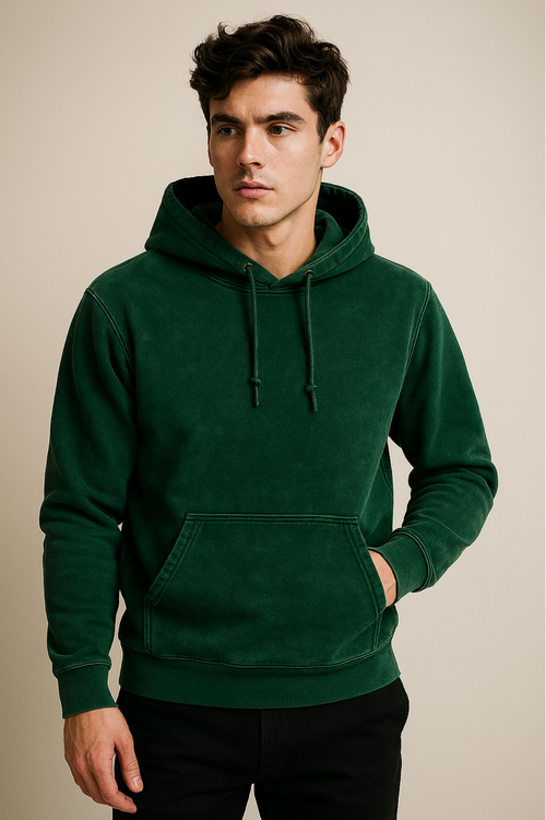 Acid washed bottle green oversized hoodie made from 300 GSM heavyweight super combed cotton with derby ribbed hem and cuffs.