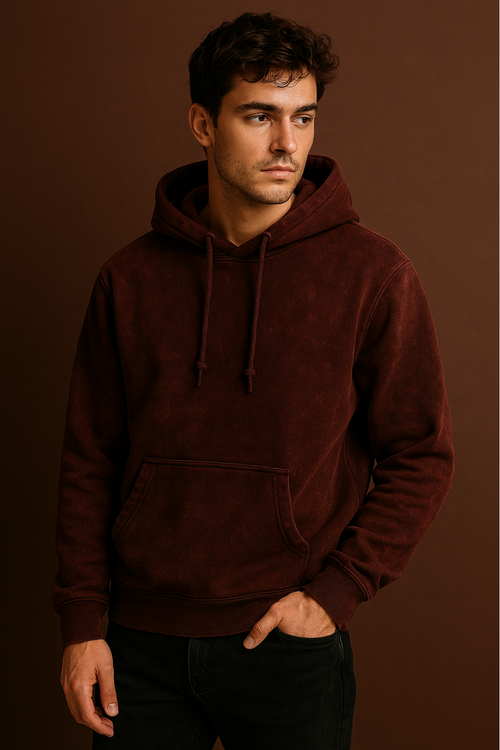 Acid washed maroon oversized hoodie made from 300 GSM super combed cotton with derby ribbed hem and cuffs