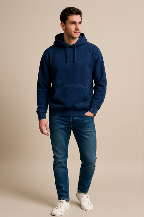 Acid washed navy blue oversized hoodie made from 300 GSM heavyweight super combed cotton with derby ribbed hem and cuffs.