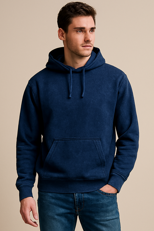 Acid washed navy blue oversized hoodie made from 300 GSM heavyweight super combed cotton with derby ribbed hem and cuffs.
