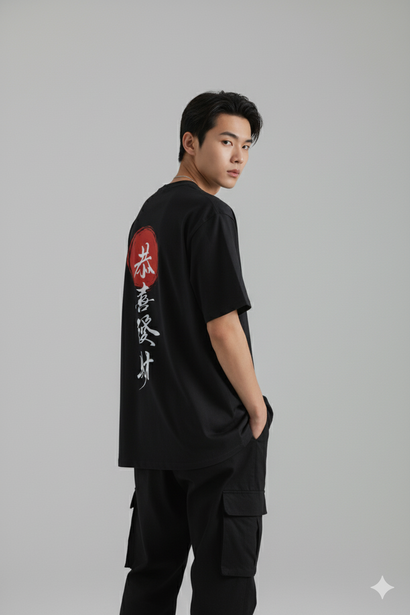Back view of black oversized T-shirt with Chinese calligraphy design and red circle print.