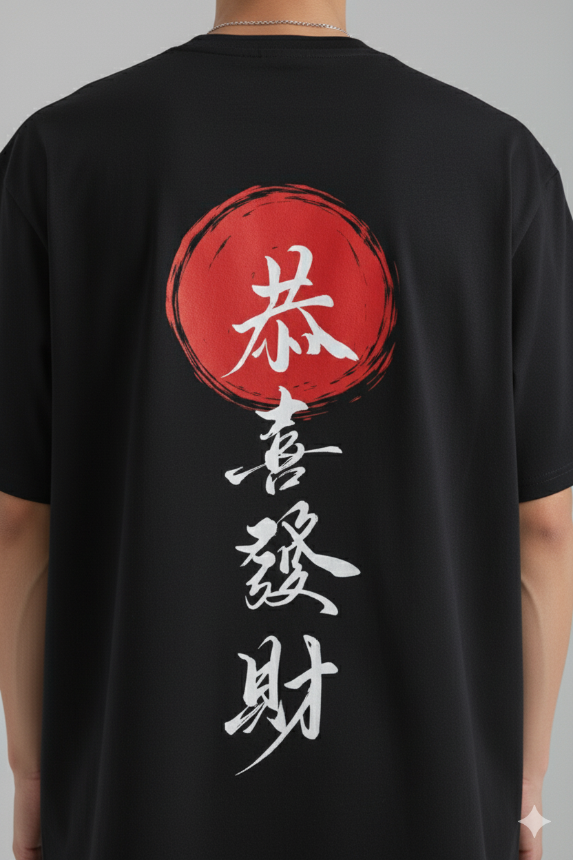 Back view of black oversized T-shirt with Chinese calligraphy design and red circle print.