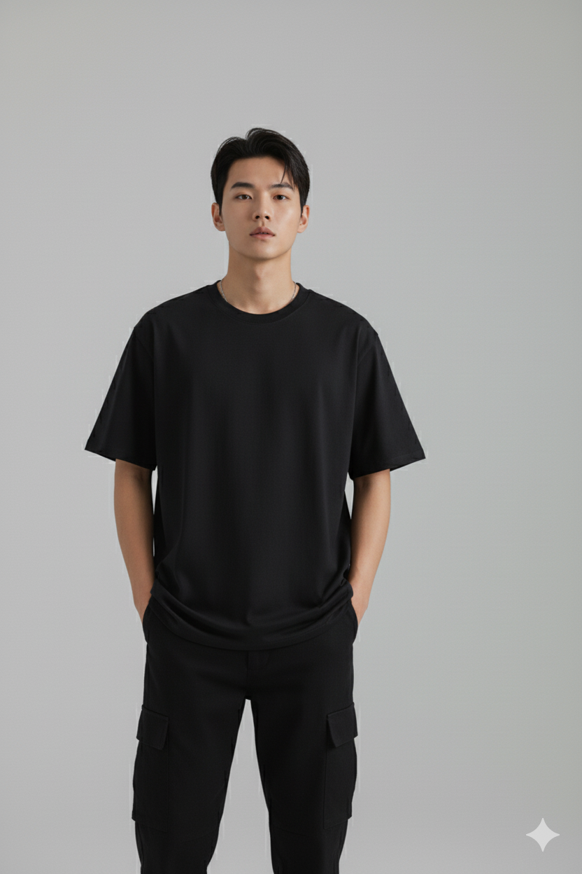 Back view of black oversized T-shirt with Chinese calligraphy design and red circle print.
