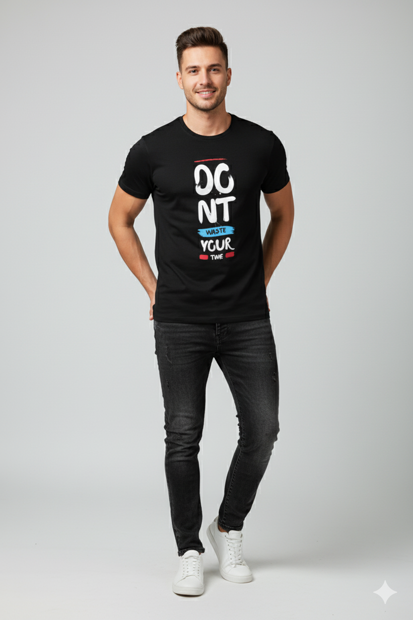 Black cotton motivational T-shirt with “Don’t Waste Your Time” print by MEBRAND – 180 GSM premium bio-washed cotton tee.