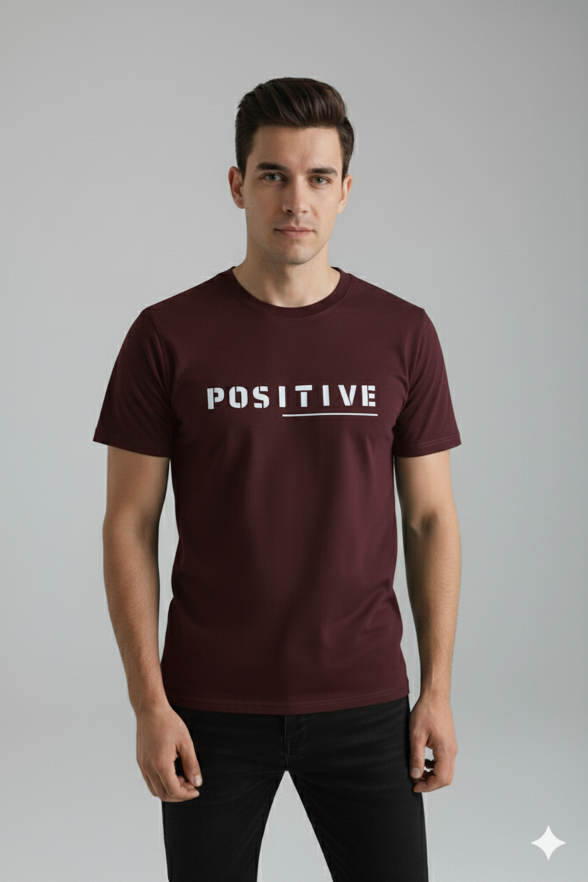 Men’s Maroon Positive Printed T-Shirt – Premium Cotton Casual Wear