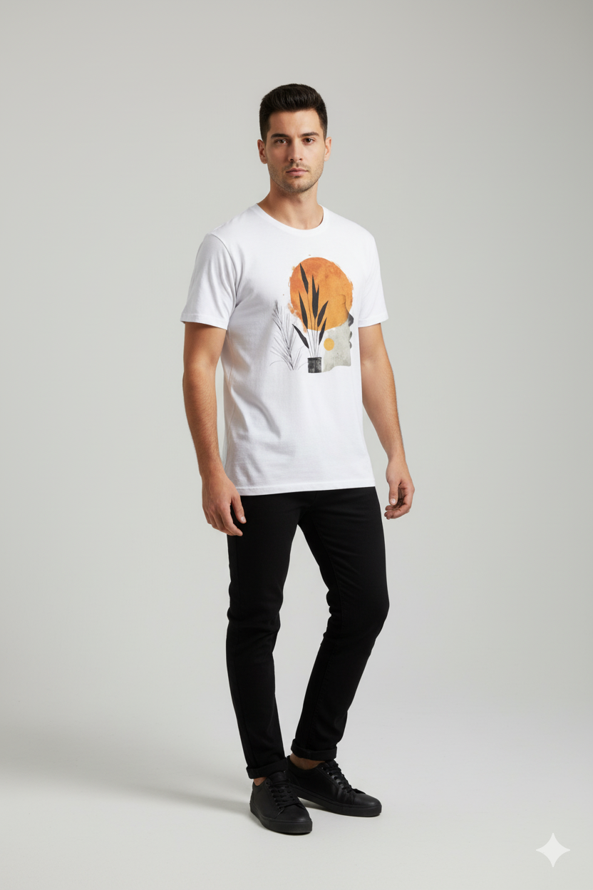Men’s white graphic print cotton t-shirt – Mebrand regular fit, 180 GSM, short sleeve, casual wear.