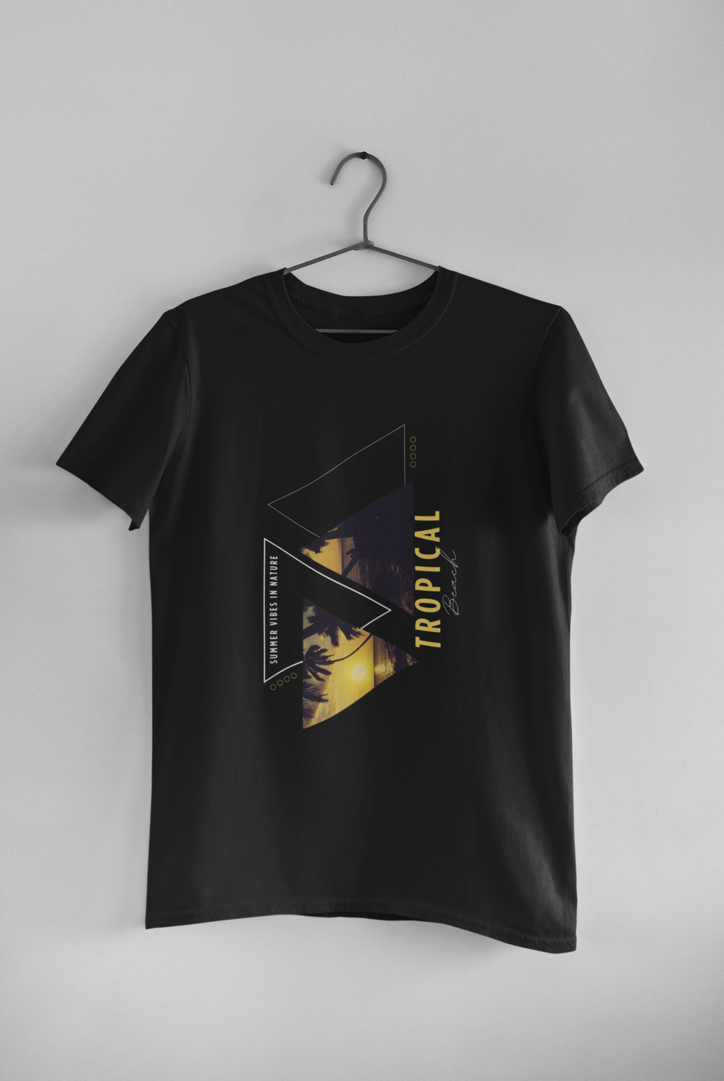 Black men's cotton T-shirt from Mebrand featuring tropical beach sunset graphic with palm trees and geometric design, text 'Tropical Beach' and 'Summer Vibes in Nature
