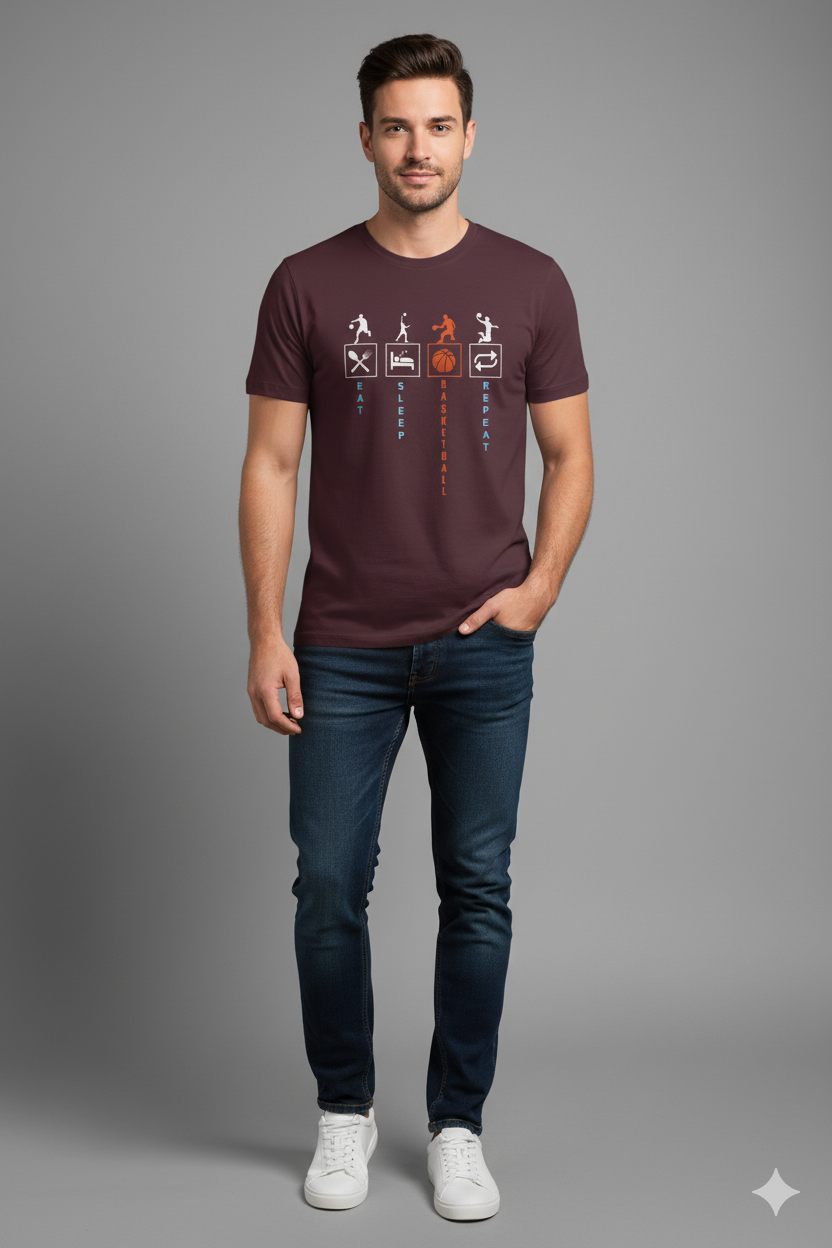 Shop Men’s Eat Sleep Basketball Repeat Printed T-Shirt in Maroon. Premium cotton fabric with sporty graphic print—perfect for basketball fans & casual streetwear.