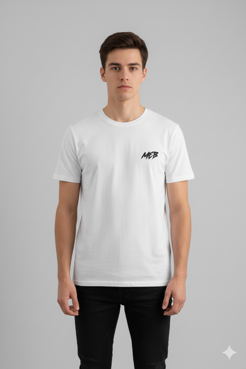 White Men’s MEB Logo T-Shirt – 180 GSM Cotton Casual Wear