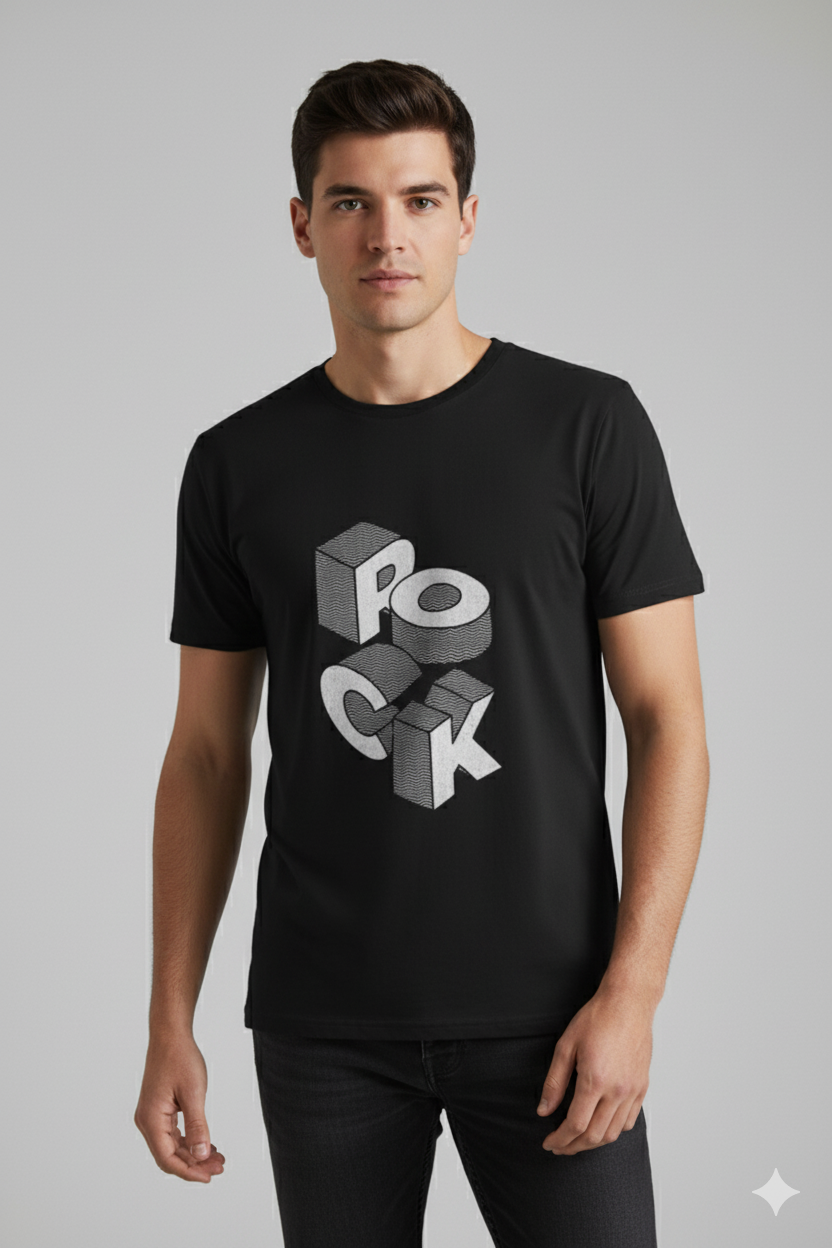 Men’s Black Cotton ROCK Printed T-Shirt with 3D Graphic Design