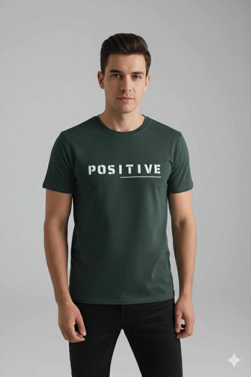 Men’s Bottle Green Cotton Positive Printed T-Shirt – Motivational Slogan Tee