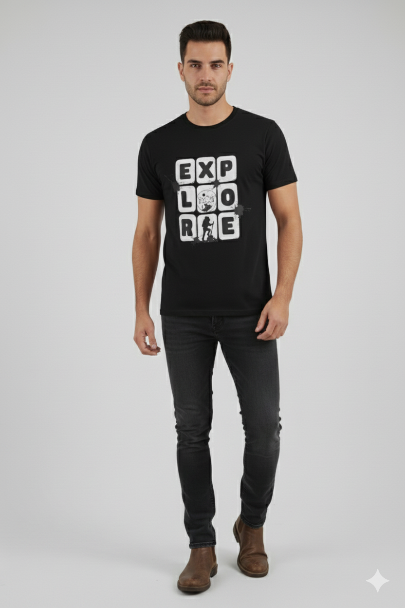 Black Explore Graphic Printed Cotton T-Shirt for Men
