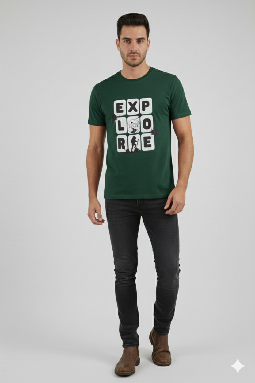Bottle Green Adventure Graphic Cotton T-Shirt – Explore Print
