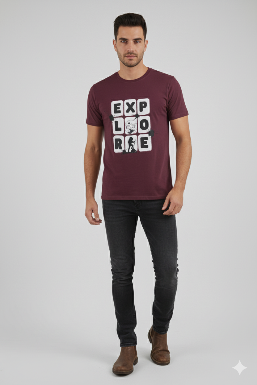 Maroon Men’s Explore Graphic Printed T-Shirt Casual Wear