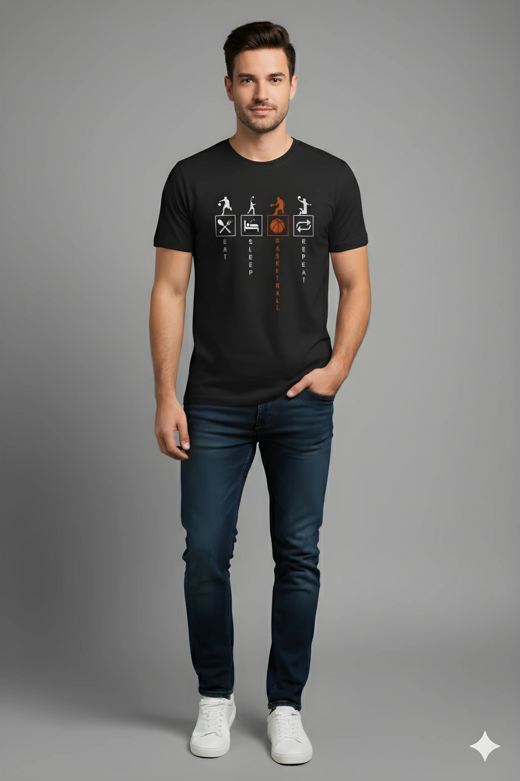 Shop Men’s Eat Sleep Basketball Repeat Printed T-Shirt in Black. Premium cotton fabric with sporty graphic print—perfect for basketball fans & casual streetwear.