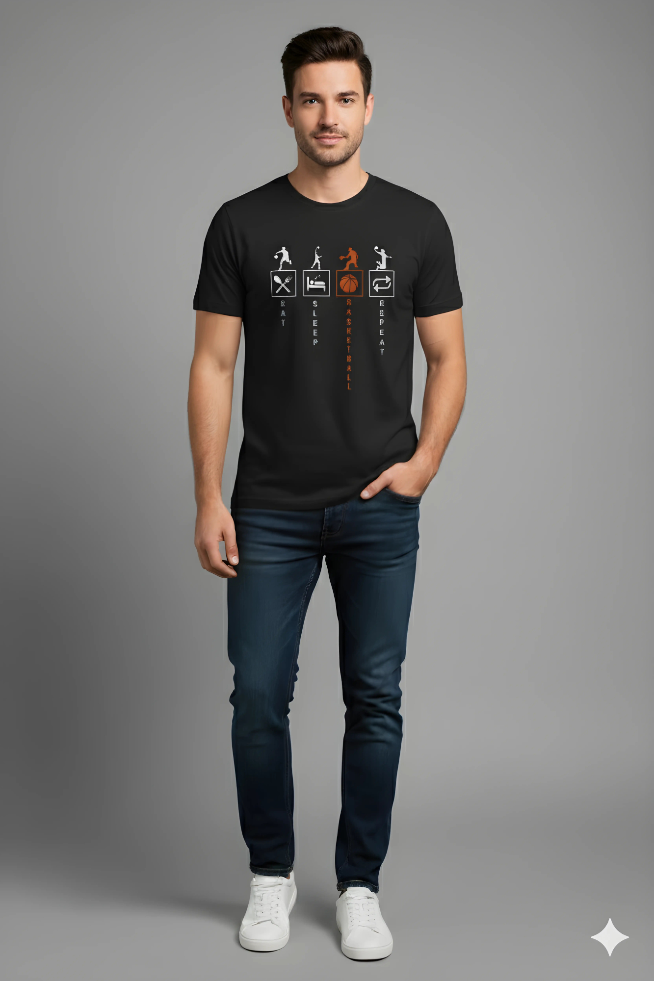 Shop Men’s Eat Sleep Basketball Repeat Printed T-Shirt in Black. Premium cotton fabric with sporty graphic print—perfect for basketball fans & casual streetwear.