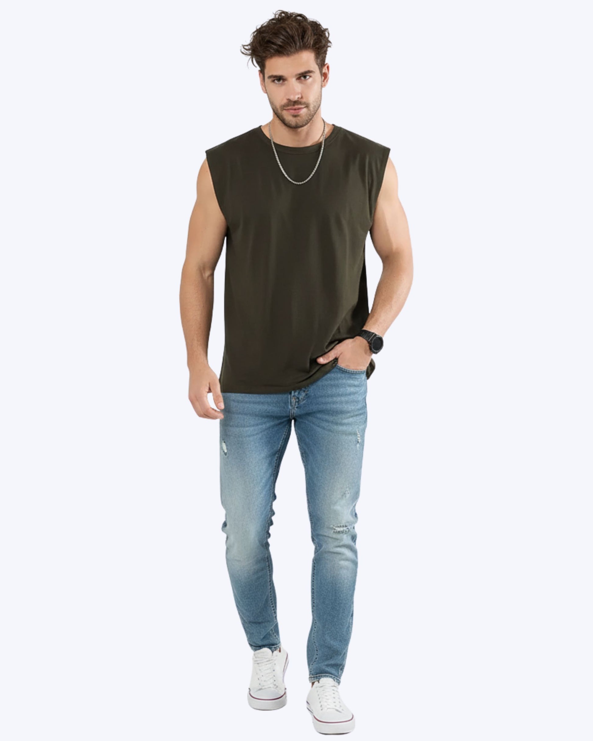 WAVY Sleeveless Tee Olive Green