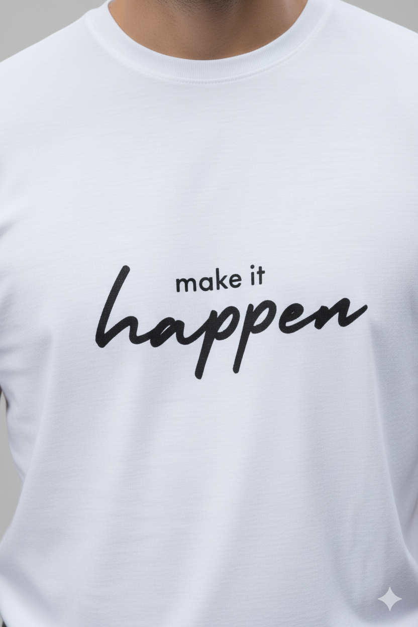 Men’s White Cotton Motivational Printed T-Shirt with "Make It Happen" text design