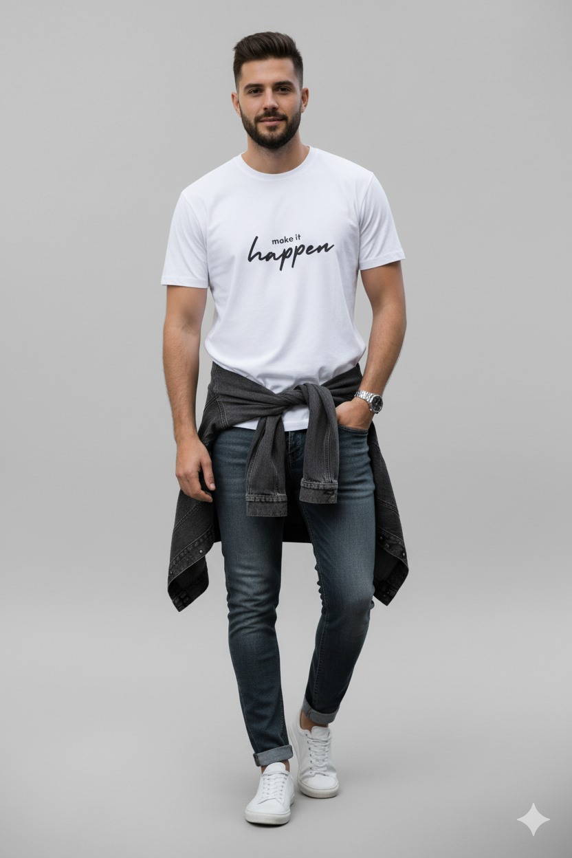Men’s White Cotton Motivational Printed T-Shirt with "Make It Happen" text design