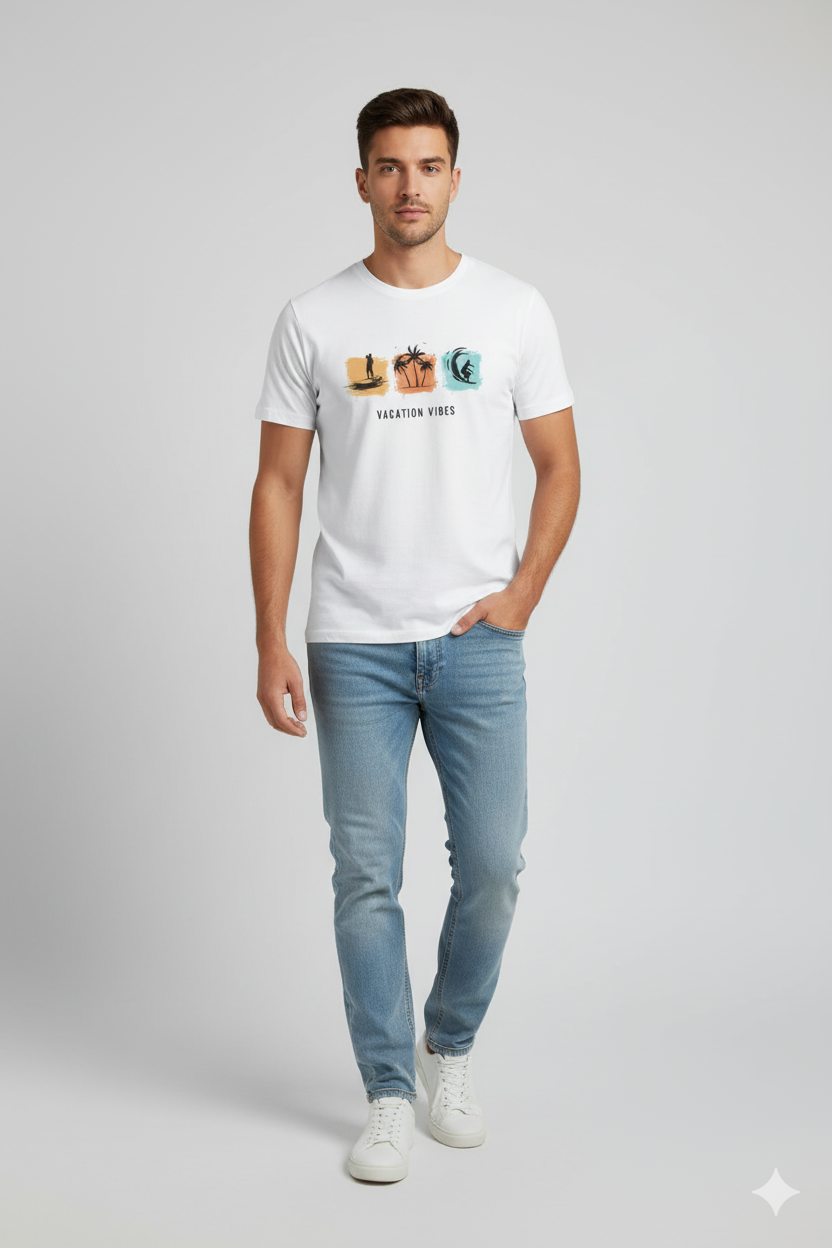 Men’s White Cotton Vacation Vibes Printed T-Shirt with palm tree & surfer graphic