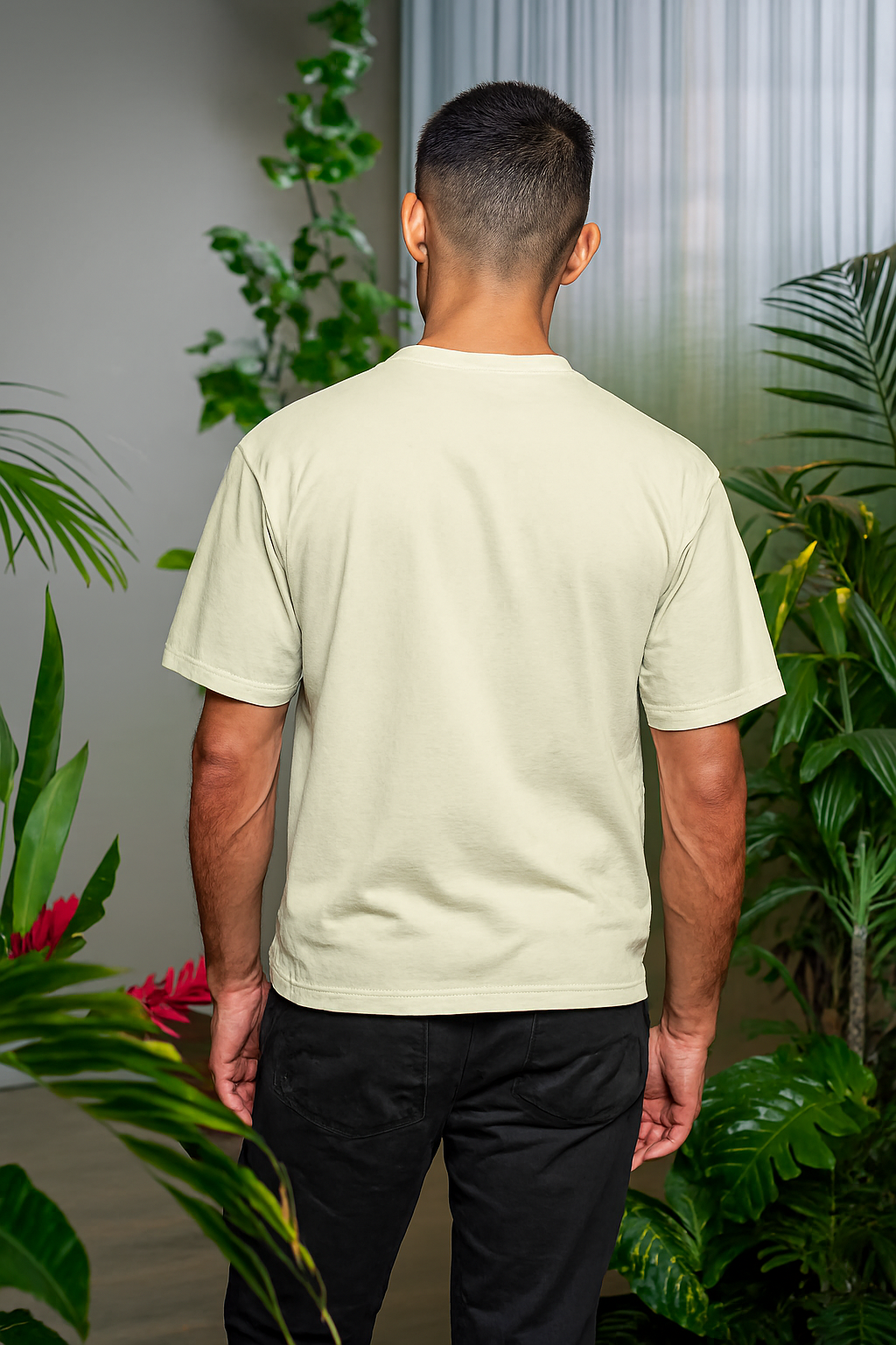 Man wearing off white 240 GSM oversized graphic t-shirt with bear holding umbrella in rain and text “I’m that neighbor.”