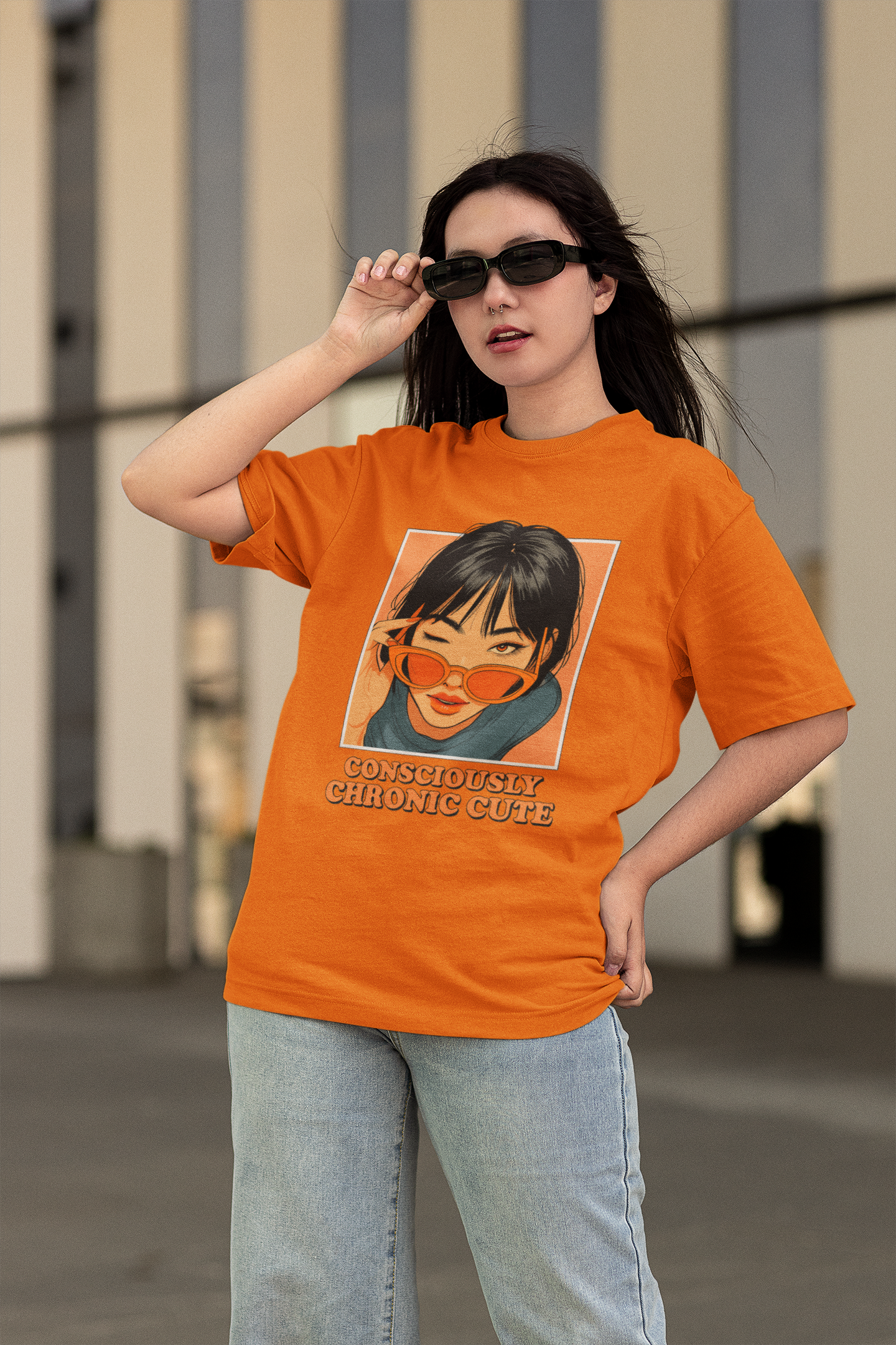 Woman wearing an oversized orange graphic t-shirt featuring an anime-style girl with sunglasses and the text "Consciously Chronic Cute", posing confidently with jeans and dark sunglasses.