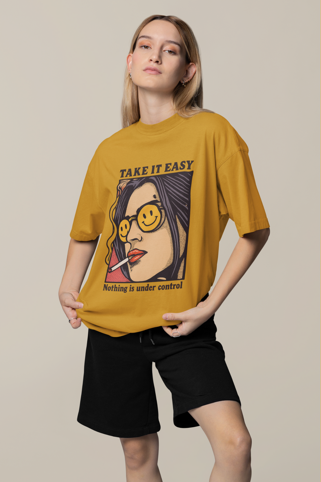 Mustard Yellow oversized T-shirt with a graphic design