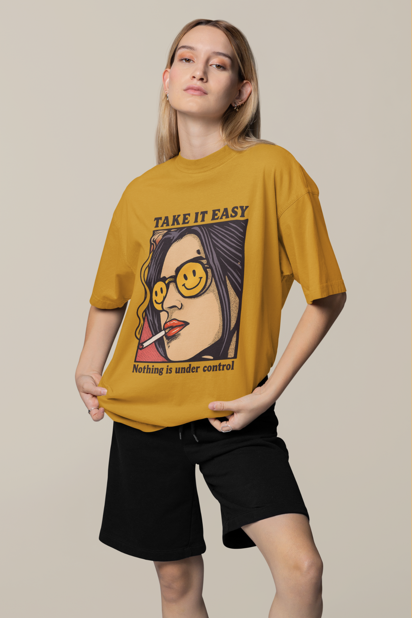 Mustard Yellow oversized T-shirt with a graphic design
