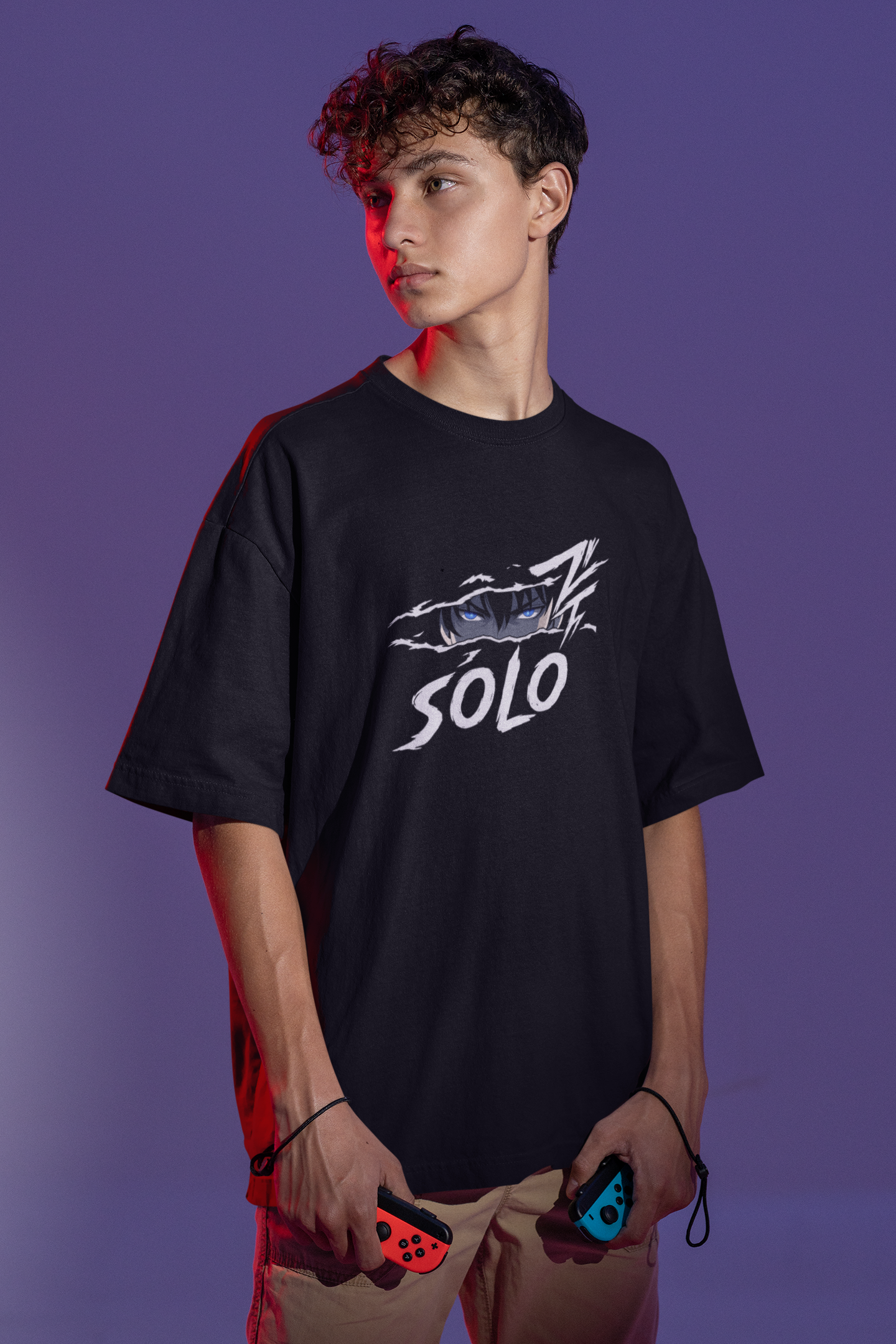 Black Oversized 240 GSM Cotton Anime T-Shirt – SOLO Front Graphic