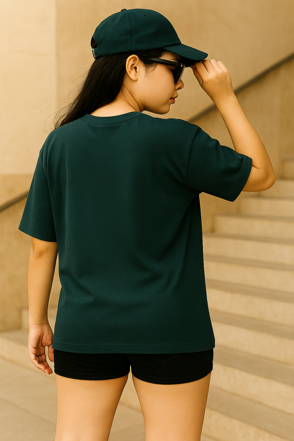 Woman wearing oversized Petrol blue t-shirt with retro anime girl smoking illustration, styled with black shorts, cap, and sunglasses.