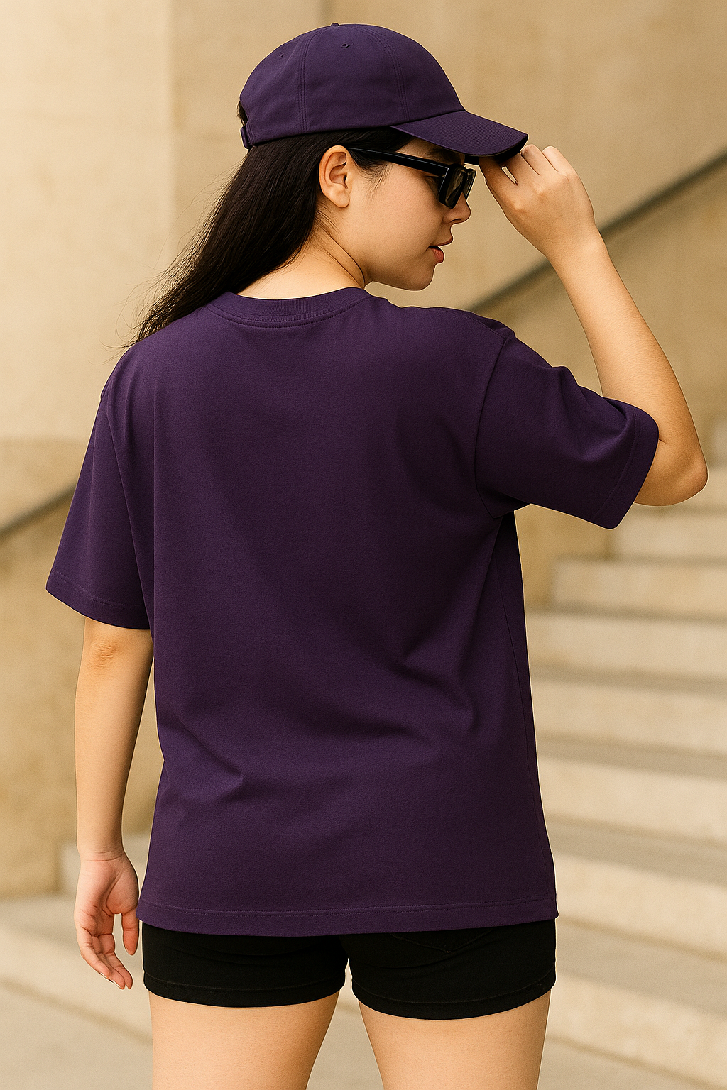 Woman wearing oversized Purple t-shirt with retro anime girl smoking illustration, styled with black shorts, cap, and sunglasses.
