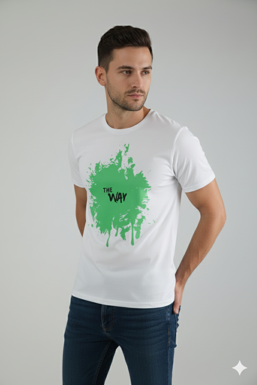 Men's white round neck t-shirt with graphic print and text "THE WAY", styled with denim jeans.