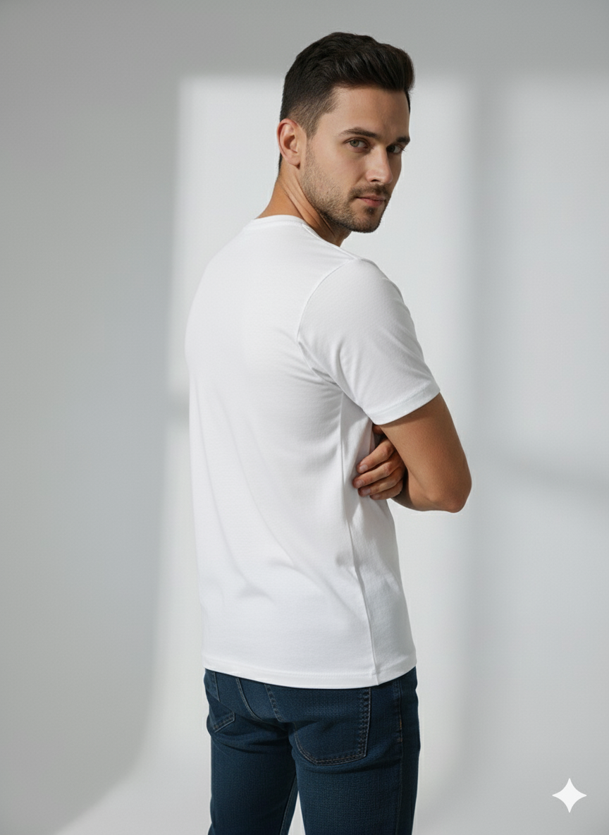 Men's white round neck t-shirt with graphic print and text "THE WAY", styled with denim jeans.