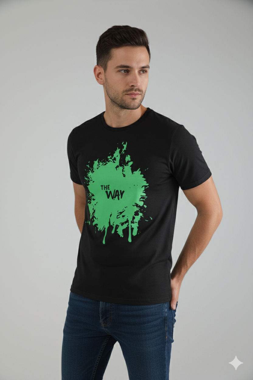 Men's black round neck t-shirt with graphic print and text "THE WAY", styled with denim jeans.