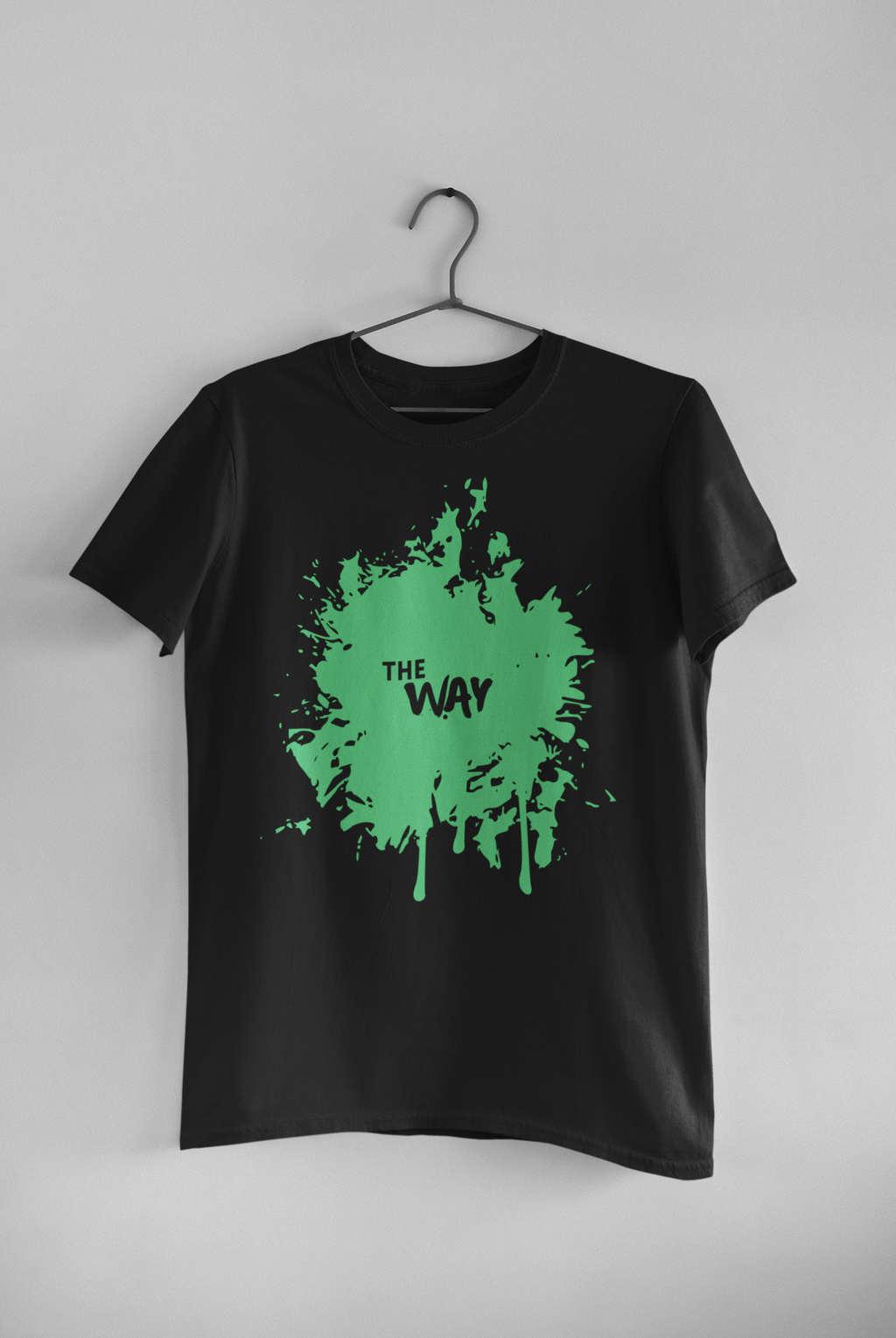 Men's black round neck t-shirt with graphic print and text "THE WAY", styled with denim jeans.
