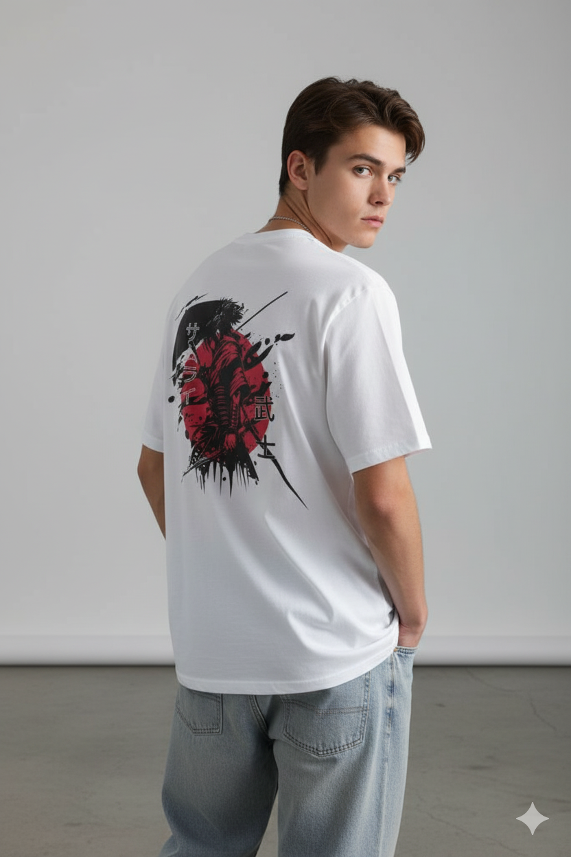 Model wearing white oversized T-shirt with Samurai warrior back print.