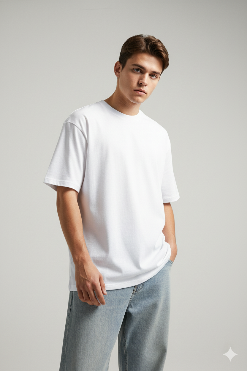 Model wearing white oversized T-shirt with Samurai warrior back print.