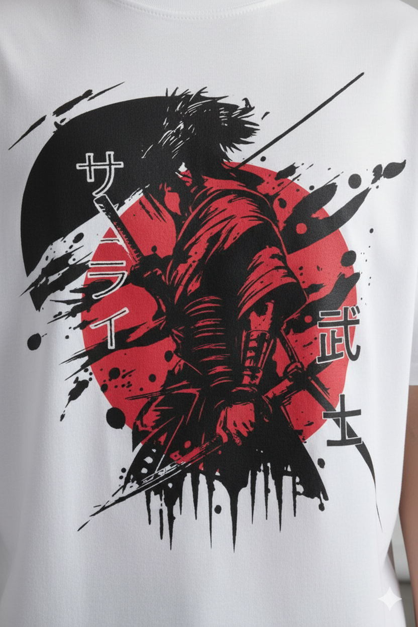 Model wearing white oversized T-shirt with Samurai warrior back print.