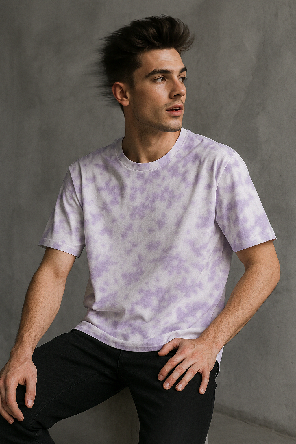 Shop the White Lavender Tie-Dye Oversized T-Shirt, crafted from 260 GSM cotton blend. Featuring drop shoulder, pre-shrunk, bio-wash finish, and lycra rib neck. Perfect pastel tie-dye streetwear essential.