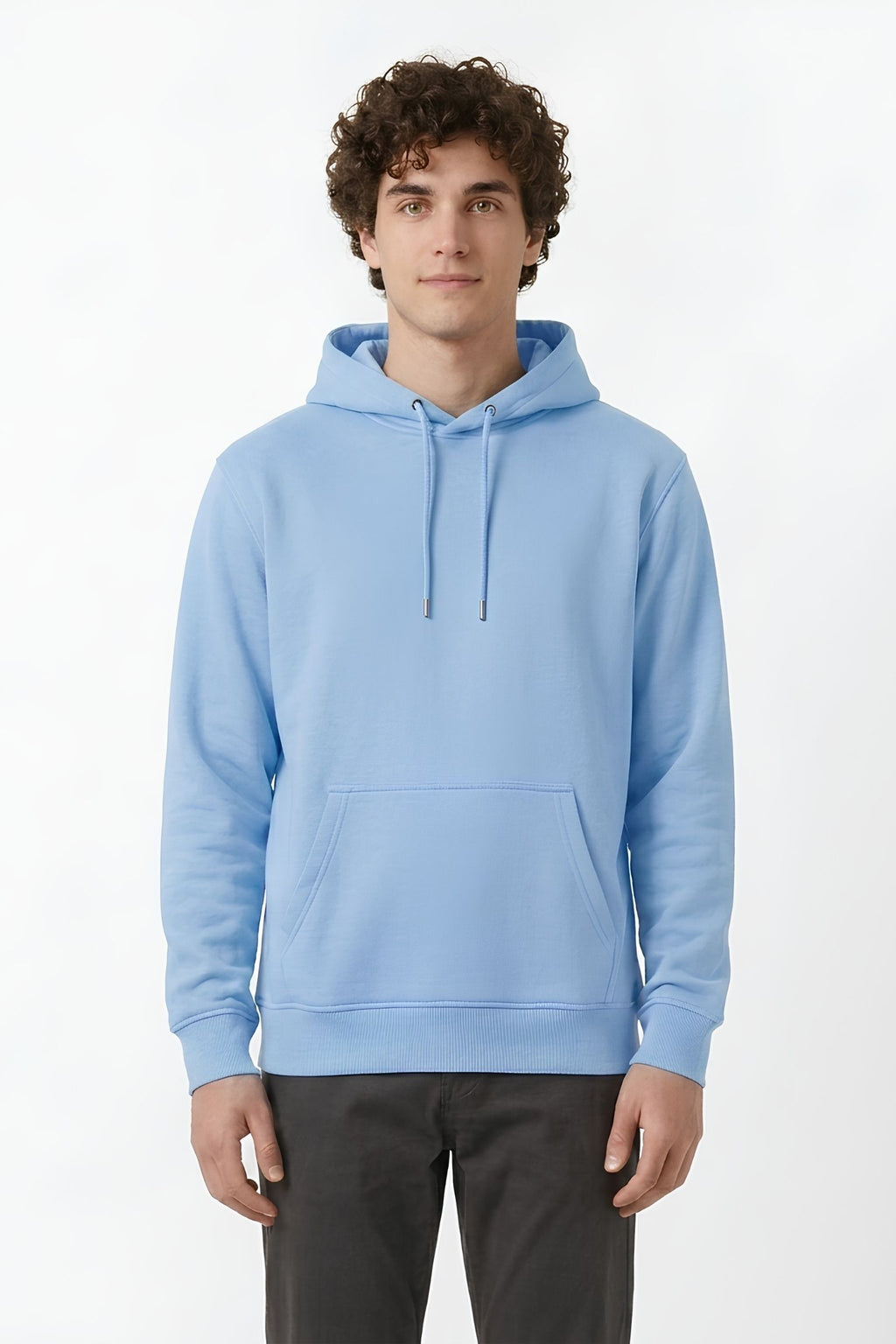 Baby Blue color core edition relaxed fit hoodie half front view in premium cotton by MEBRAND