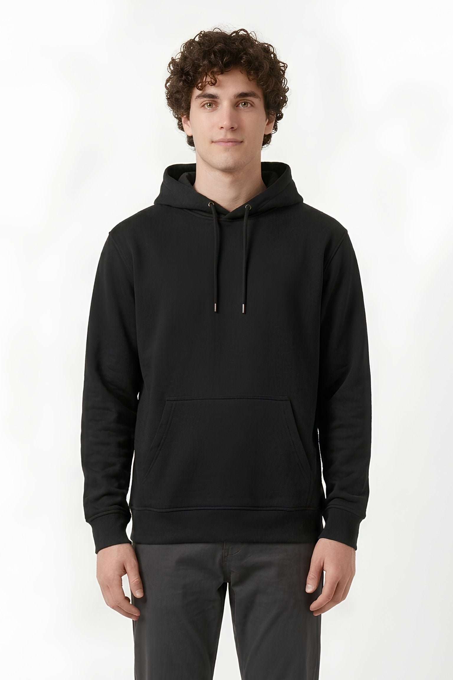 Black color core edition relaxed fit hoodie half front view in premium cotton by MEBRAND
