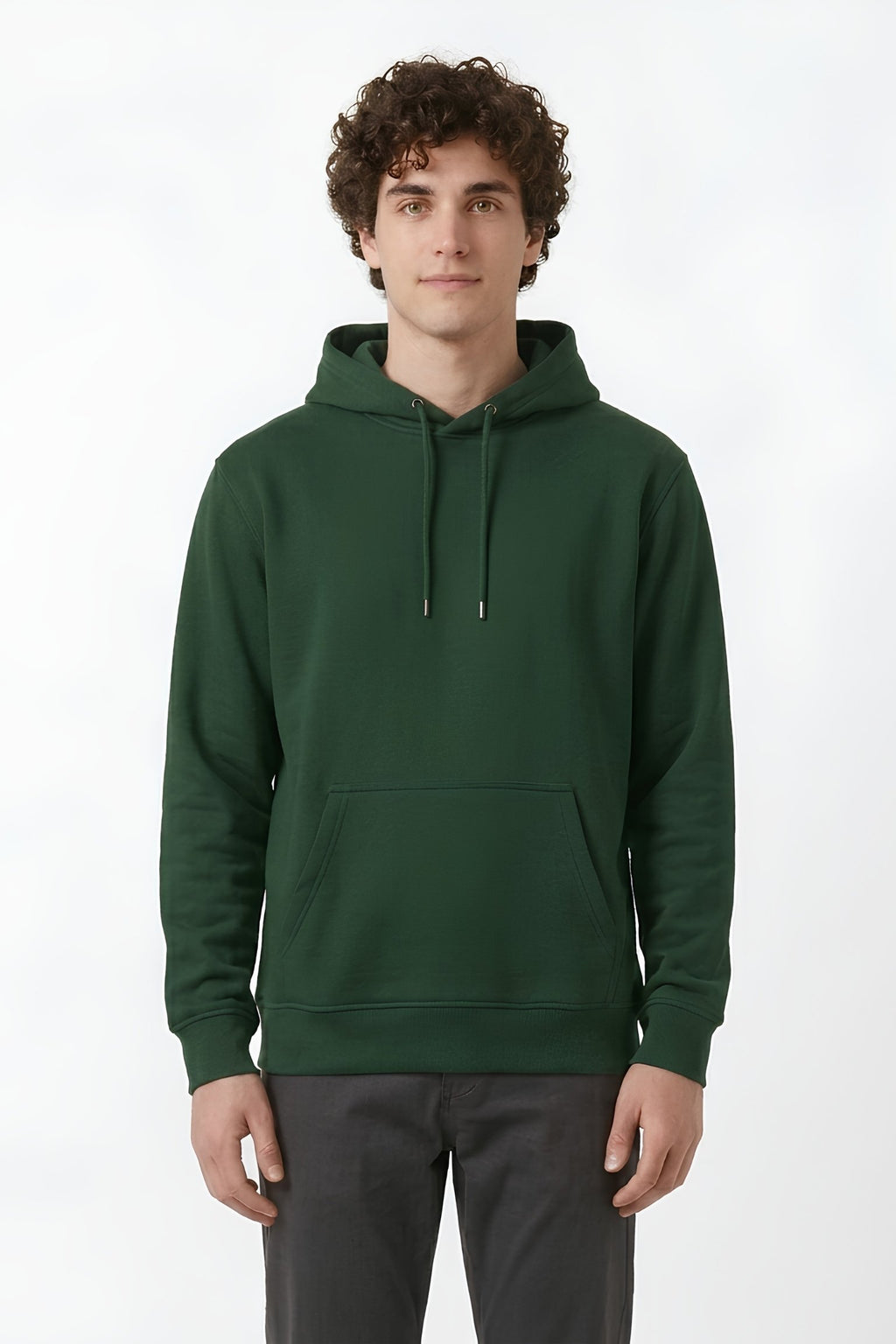 Bottle Green color core edition relaxed fit hoodie half front view in premium cotton by MEBRAND