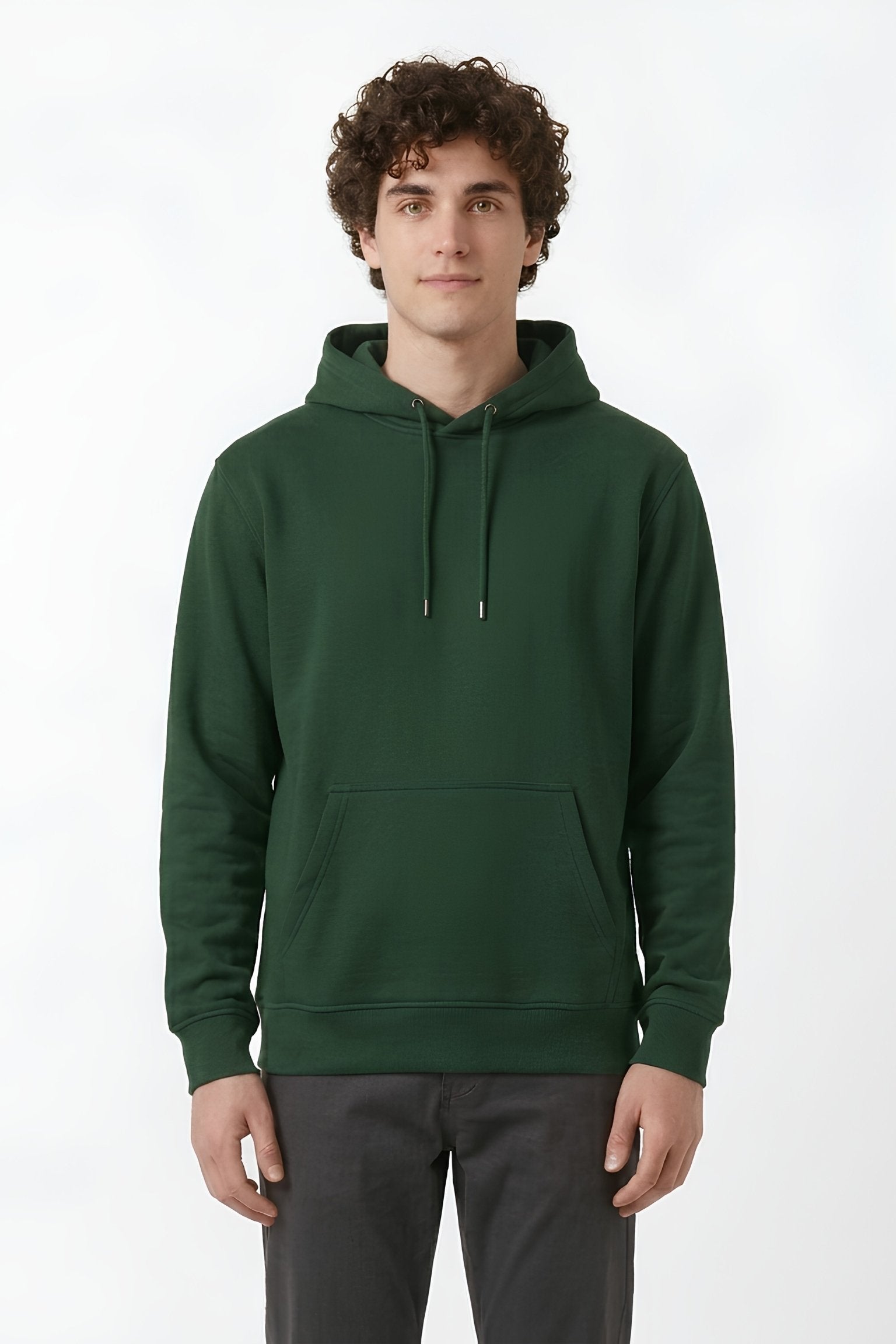 Bottle Green color core edition relaxed fit hoodie half front view in premium cotton by MEBRAND