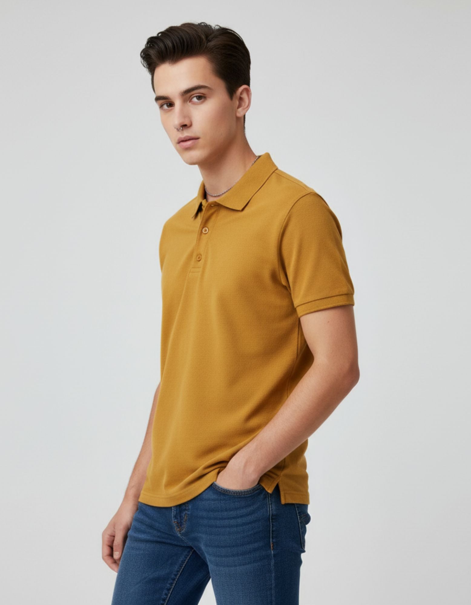 Classic Polo Tee Mustard Yellow Men Cross Side Front – Premium Cotton Polo T-Shirt