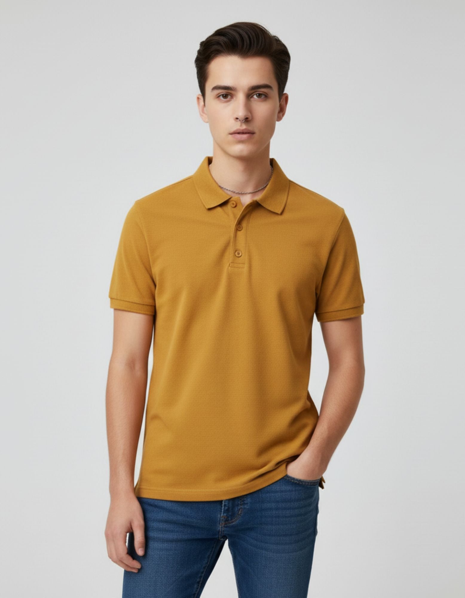 Classic Polo Tee Mustard Yellow Men Front – Premium Cotton Polo T-Shirt