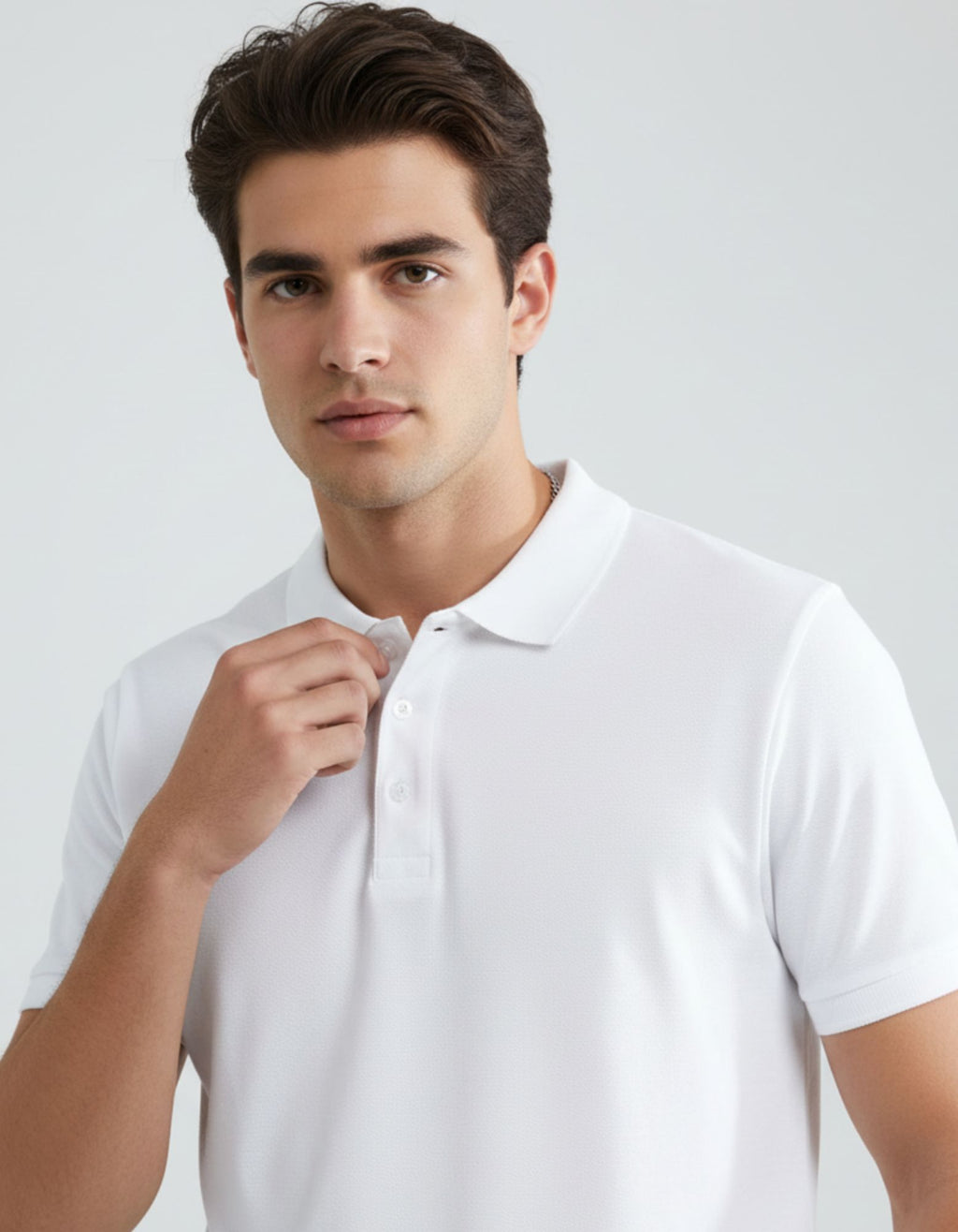 Classic Polo Tee White Men Front Zoom View – Premium Cotton Polo T-Shirt